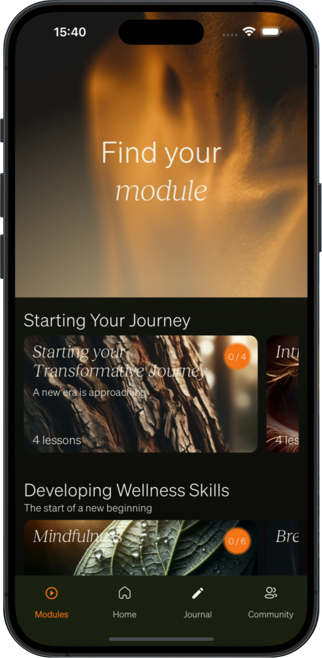 Educational Modules screen showing guided therapeutic content